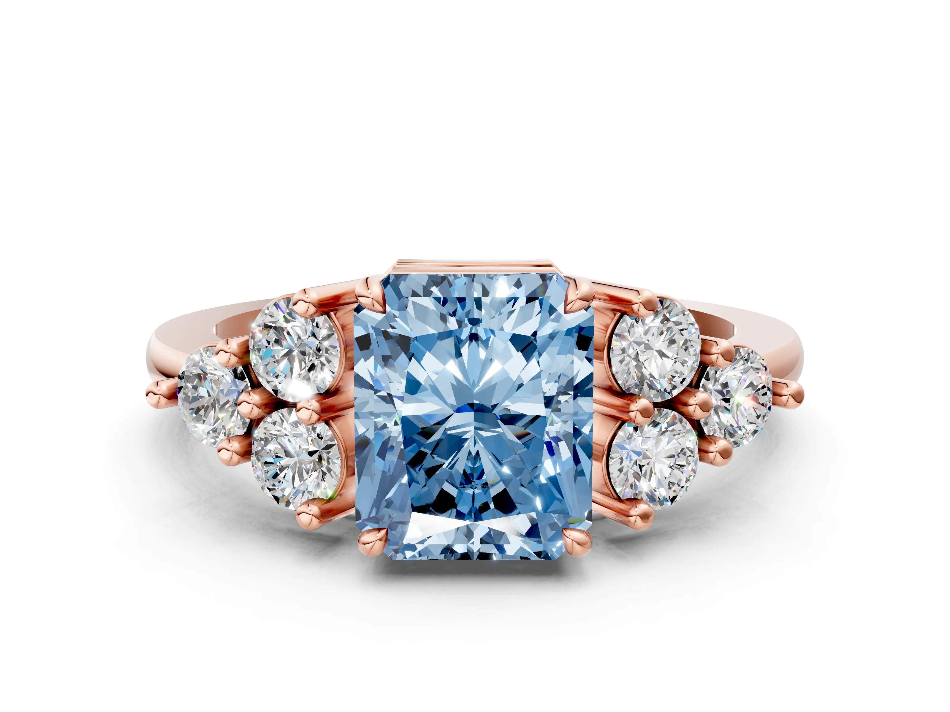 Rose gold Fancy Blue Radiant Cut Brilliant Diamond Cluster Accent Solitaire Ring with Prong Setting