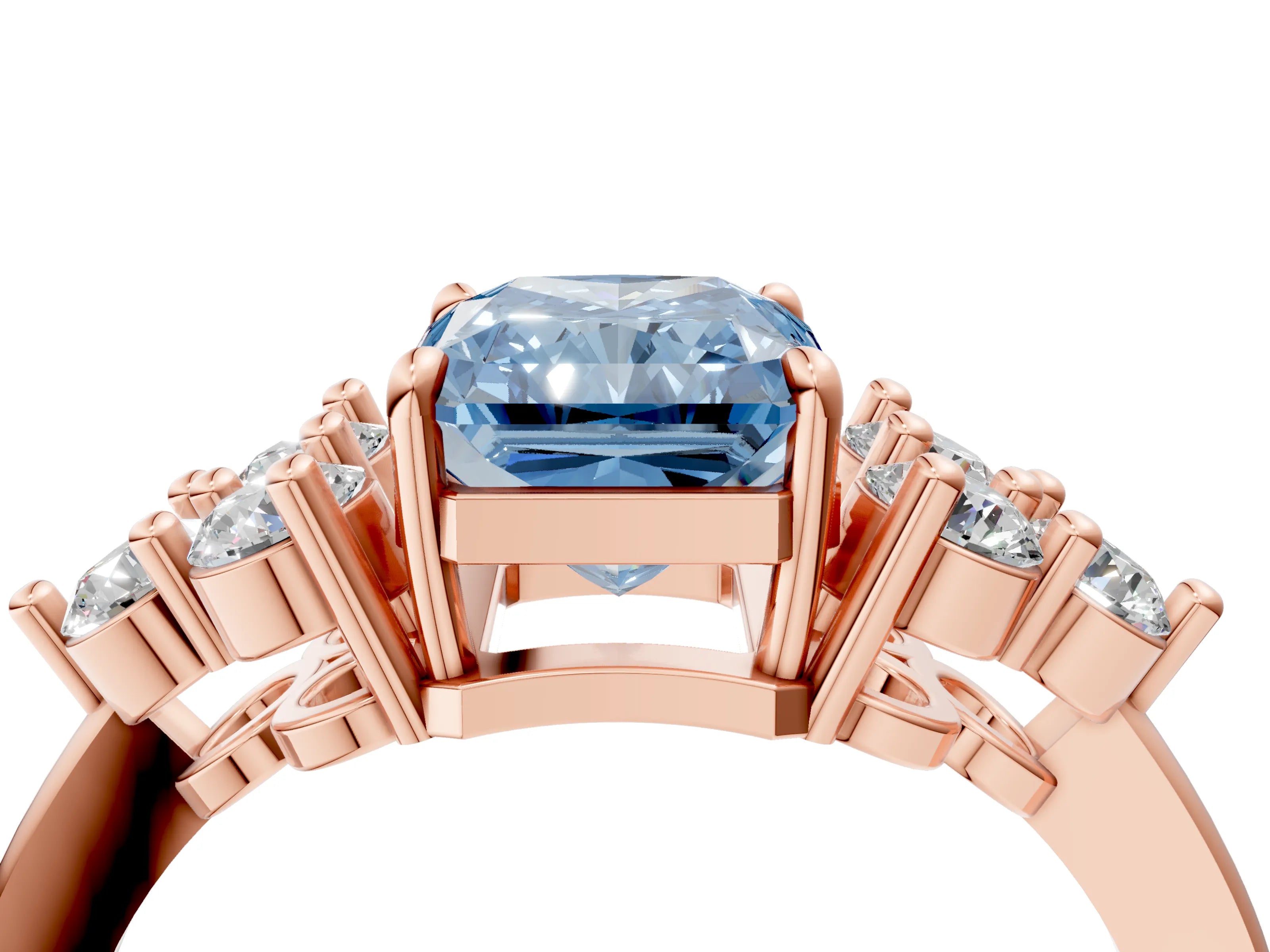 Rose gold Fancy Blue Radiant Cut Brilliant Diamond Cluster Accent Solitaire Ring with Prong Setting_4