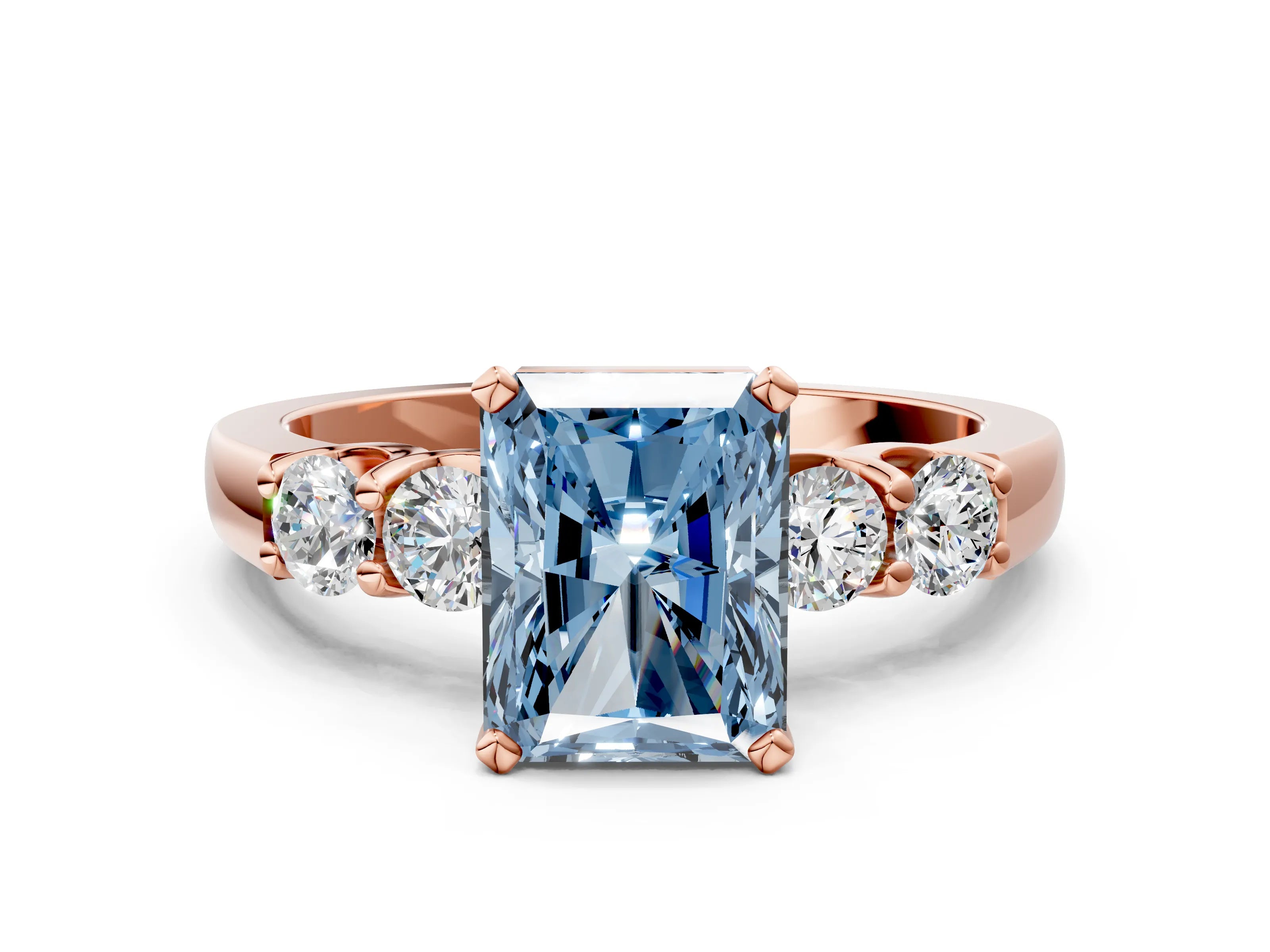Rose gold Fancy Blue Radiant Cut Brilliant Diamond Five-Stone Engagement Ring with Prong Setting on a Classic Band_3