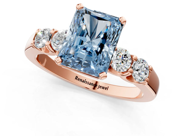 Rose gold Fancy Blue Radiant Cut Brilliant Diamond Five-Stone Engagement Ring with Prong Setting on a Classic Band