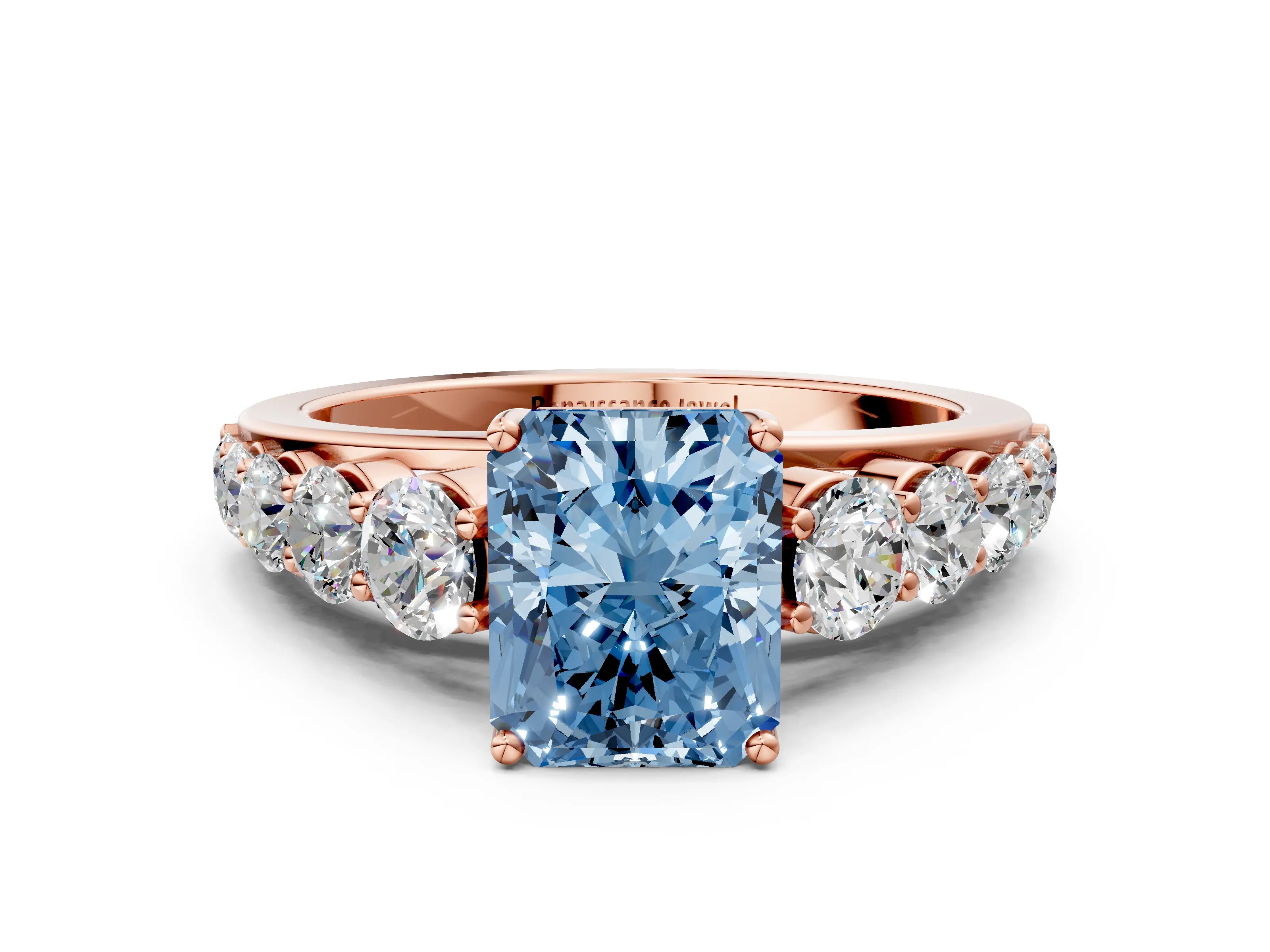 Rose gold Fancy Blue Radiant Cut Brilliant Diamond Pavé Band with Six-Prong Setting