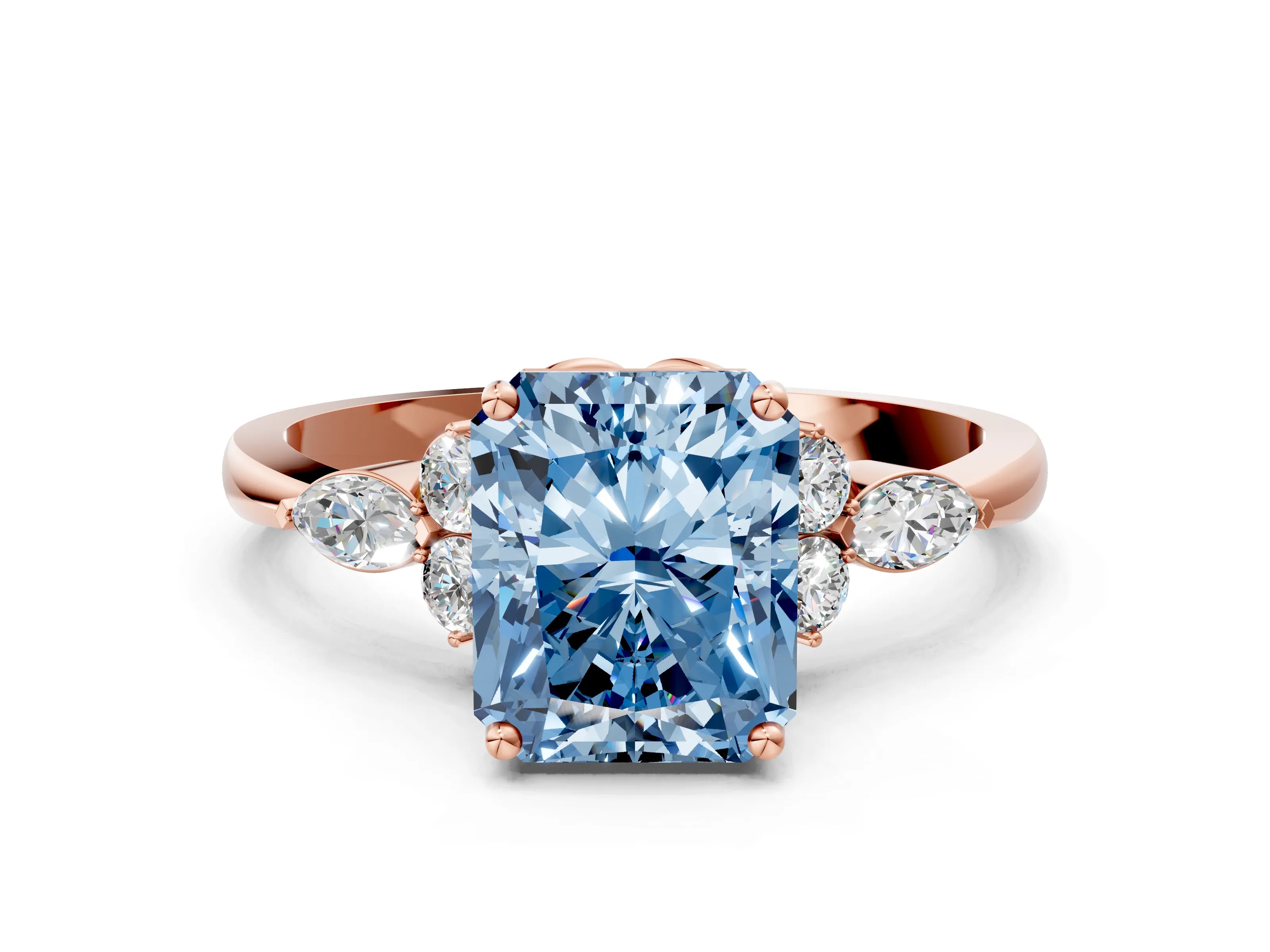 Rose gold Fancy Blue Radiant Cut Brilliant Diamond Solitaire Ring with Pear Side Stones and Four-Prong Setting_3