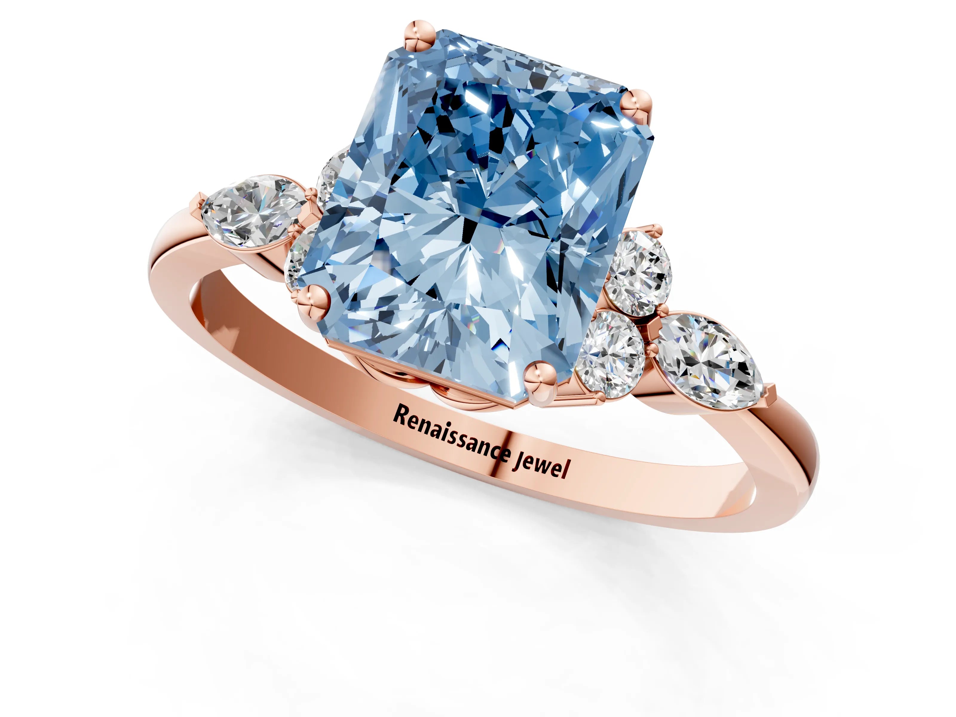 Rose gold Fancy Blue Radiant Cut Brilliant Diamond Solitaire Ring with Pear Side Stones and Four-Prong Setting_4