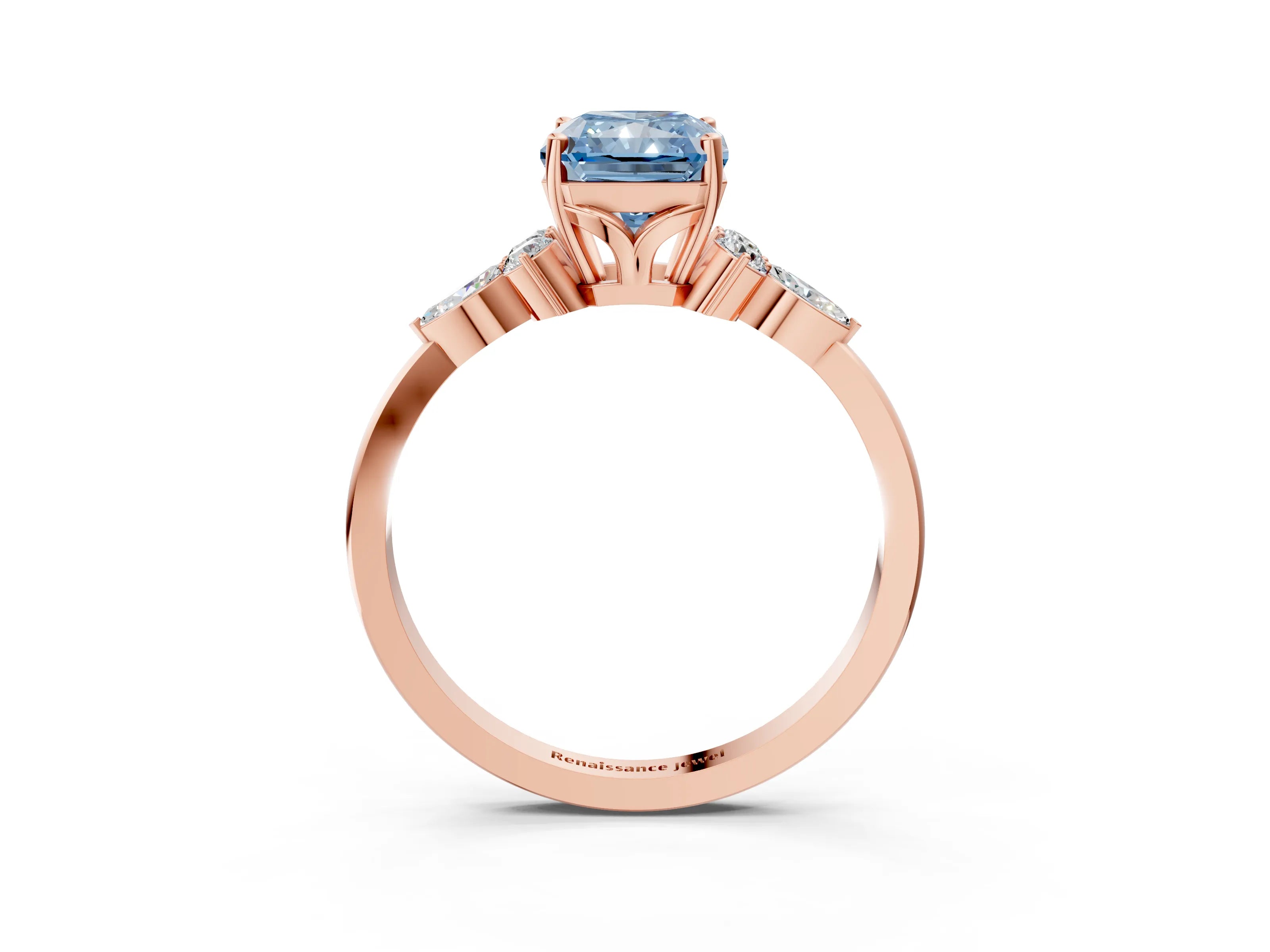 Rose gold Fancy Blue Radiant Cut Brilliant Diamond Solitaire Ring with Pear Side Stones and Four-Prong Setting_6