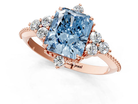 Rose gold Fancy Blue Radiant Cut Brilliant Diamond with Cluster Setting on a Beaded Band and Four-Prong Setting_1