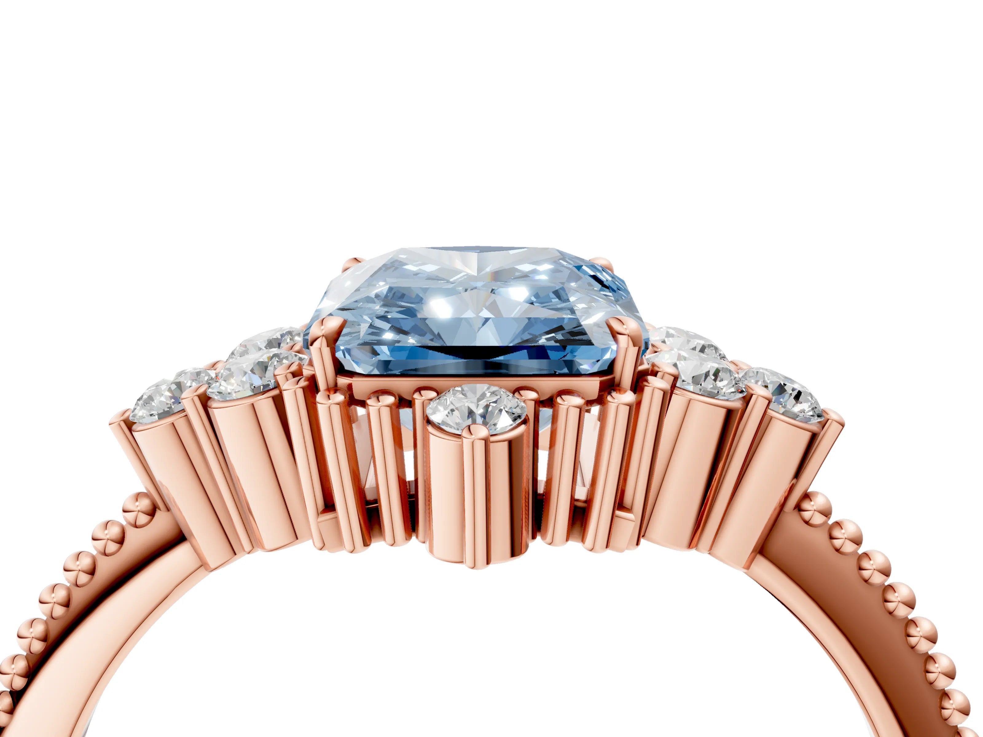 Rose gold Fancy Blue Radiant Cut Brilliant Diamond with Cluster Setting on a Beaded Band and Four-Prong Setting_4