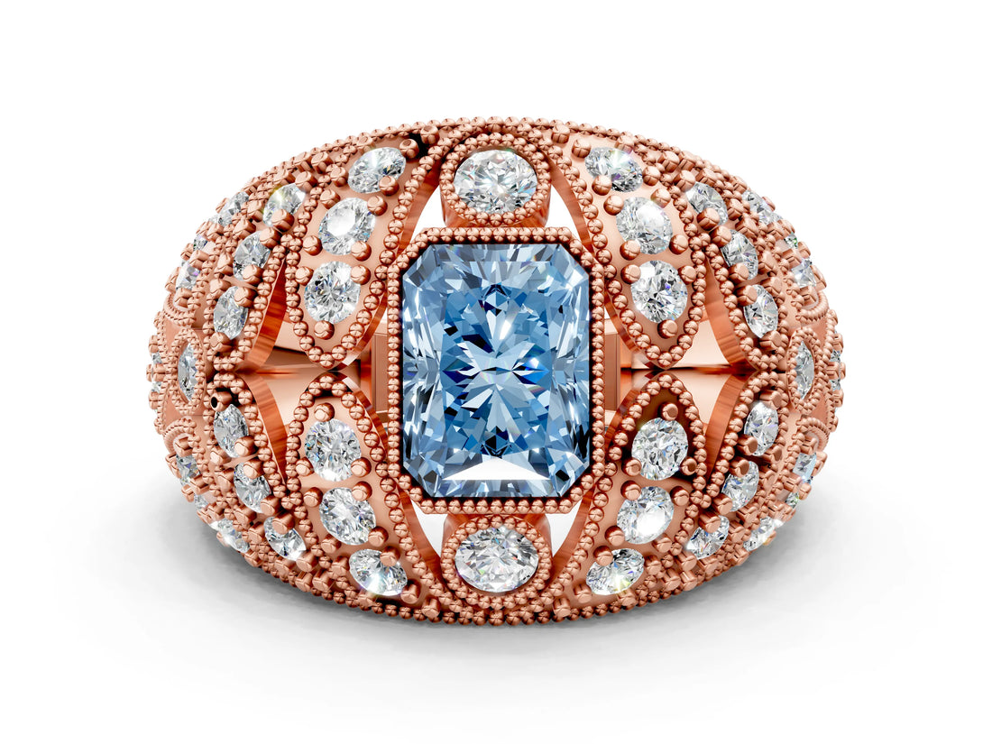 Rose gold Fancy Blue Radiant Cut Brilliant Halo Pave Diamond Milgrain Ring