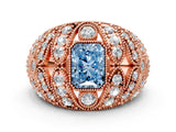Rose gold Fancy Blue Radiant Cut Brilliant Halo Pave Diamond Milgrain Ring