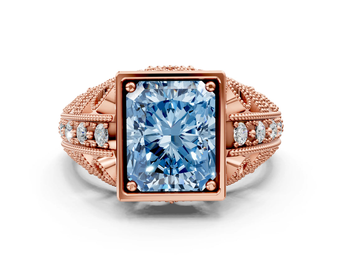 Rose gold Fancy Blue Radiant Cut Brilliant Milgrain Filigree Diamond Ring with Square Prong Setting