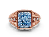 Rose gold Fancy Blue Radiant Cut Brilliant Milgrain Filigree Diamond Ring with Square Prong Setting