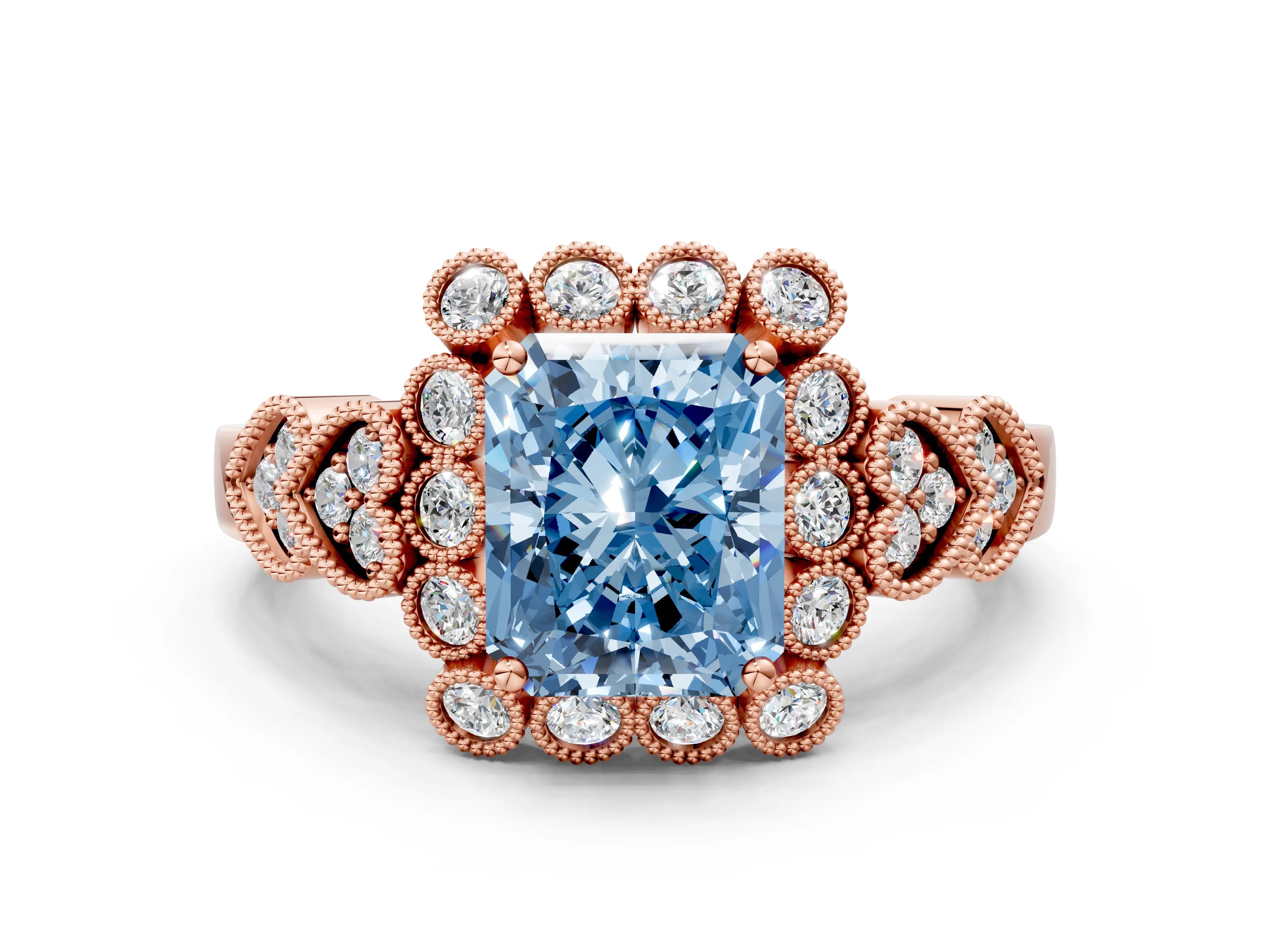 Rose gold Fancy Blue Radiant Cut Brilliant Milgrain Pave Heart Band Solitaire Ring
