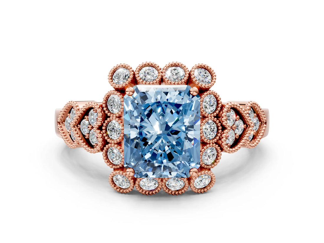 Rose gold Fancy Blue Radiant Cut Brilliant Milgrain Pave Heart Band Solitaire Ring