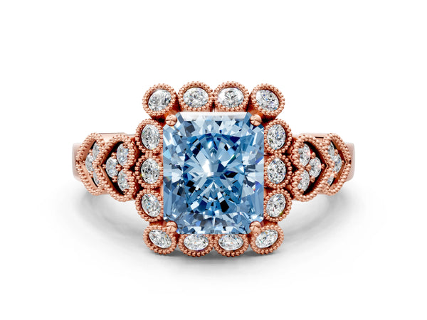 Rose gold Fancy Blue Radiant Cut Brilliant Milgrain Pave Heart Band Solitaire Ring