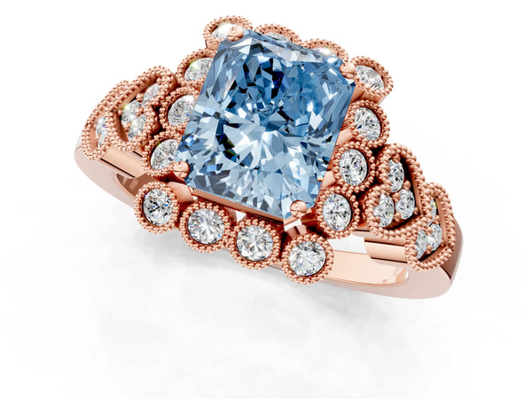 Rose gold Fancy Blue Radiant Cut Brilliant Milgrain Pave Heart Band Solitaire Ring