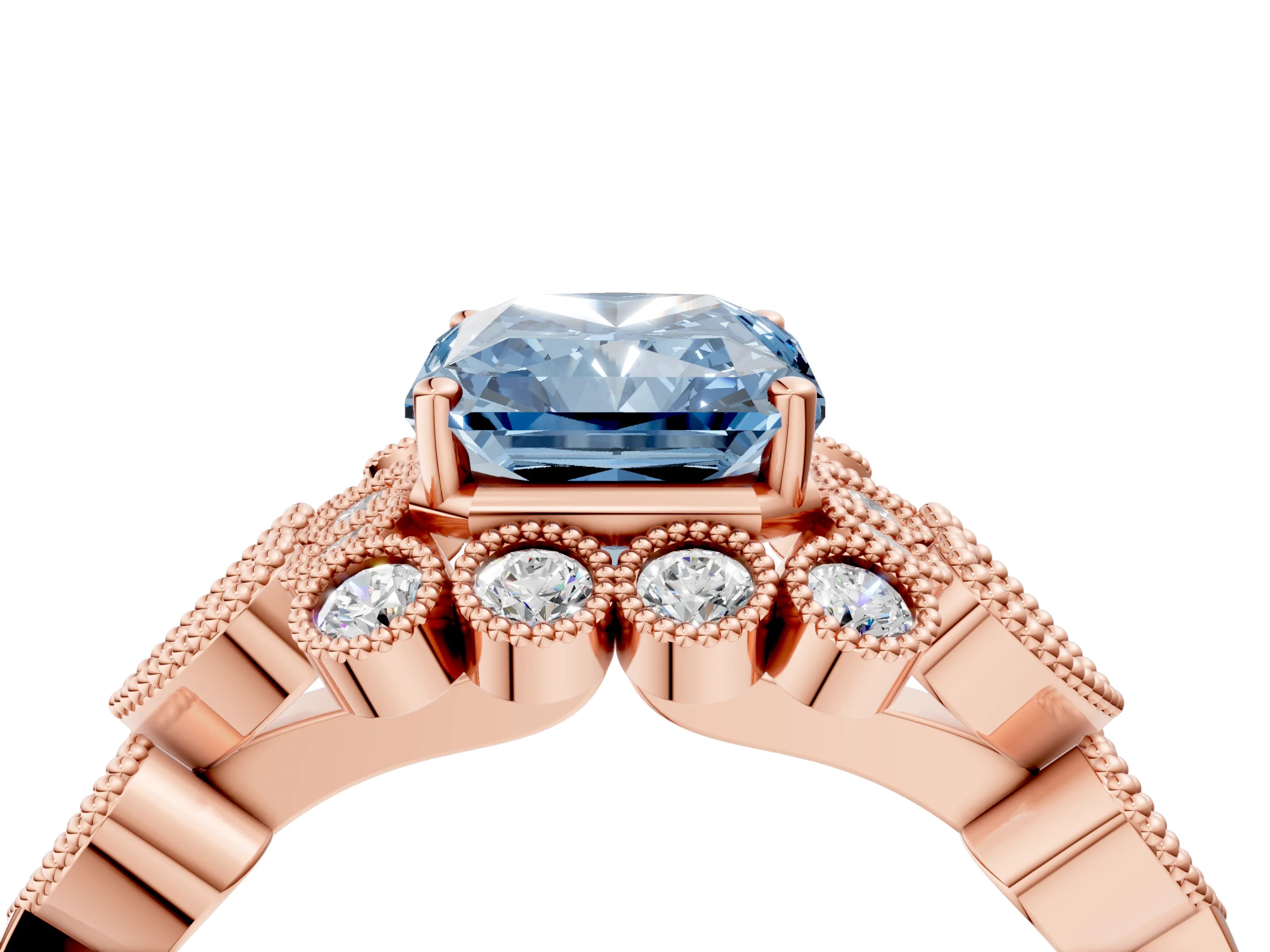 Rose gold Fancy Blue Radiant Cut Brilliant Milgrain Pave Heart Band Solitaire Ring_4