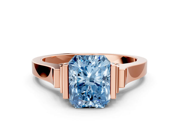 Rose gold Fancy Blue Radiant Cut Brilliant Solitaire Diamond Ring with Channel Set Band and Bar Prong Setting