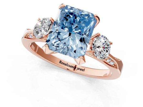 Rose gold Fancy Blue Radiant Cut Brilliant Three-Stone Diamond Ring with Pavé Band and Four-Prong Setting