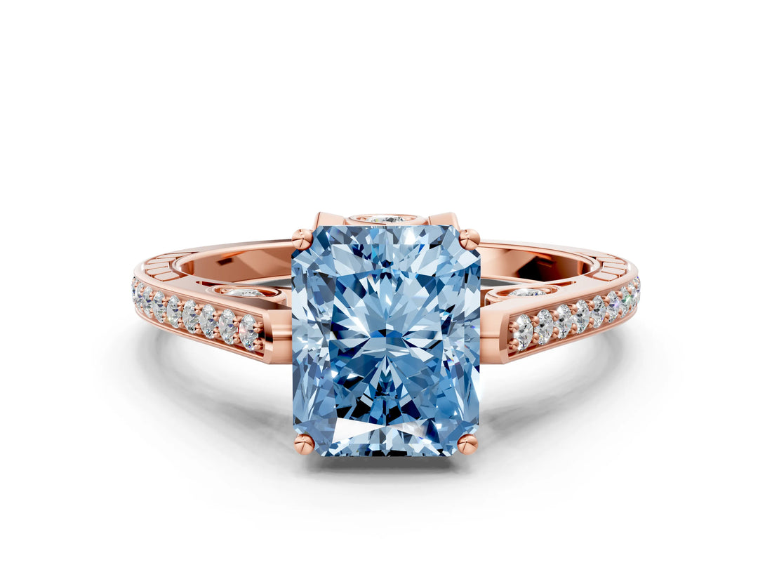 Rose gold Fancy Blue Radiant  Cut Cathedral Pave Diamond Engagement Ring with Six-Prong Setting_32