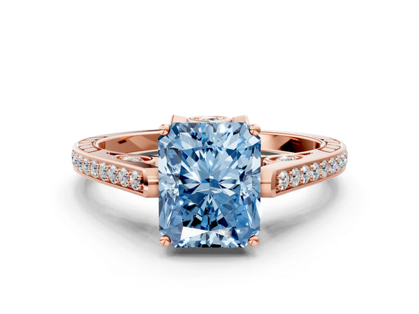Rose Gold Radiant Cut Cathedral Engagement Ring Setting for Fancy Blue Center with Pave Shoulders