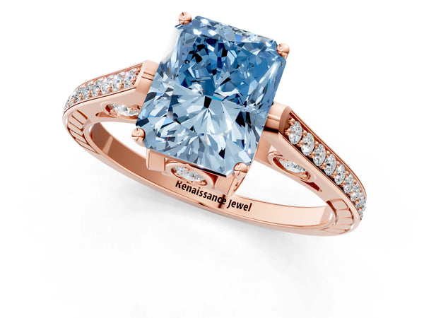 Rose Gold Radiant Cut Cathedral Engagement Ring Setting for Fancy Blue Center with Pave Shoulders