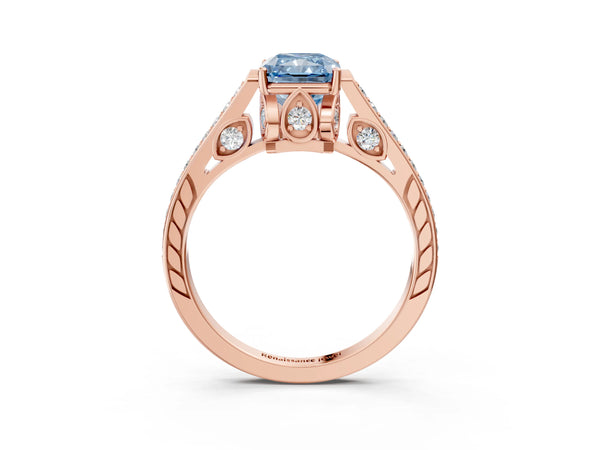 Rose Gold Radiant Cut Cathedral Engagement Ring Setting for Fancy Blue Center with Pave Shoulders