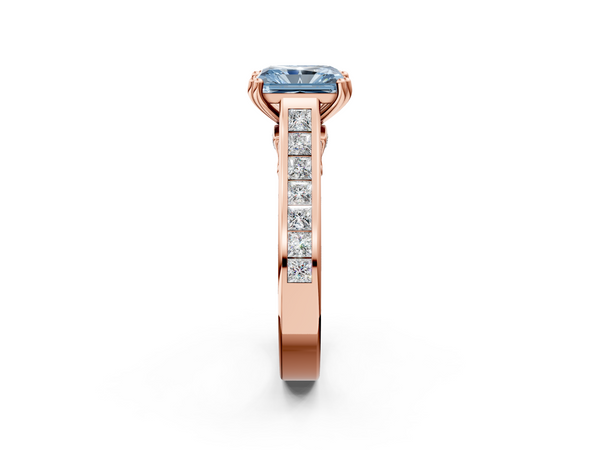 Rose Gold Radiant Cut Channel Set Solitaire Engagement Ring Setting for Fancy Blue Center with Double Claw Prongs