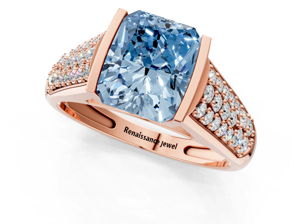 Rose gold Fancy Blue Radiant Cut Diamond Channel Set Pave Band with Tension Prong Setting