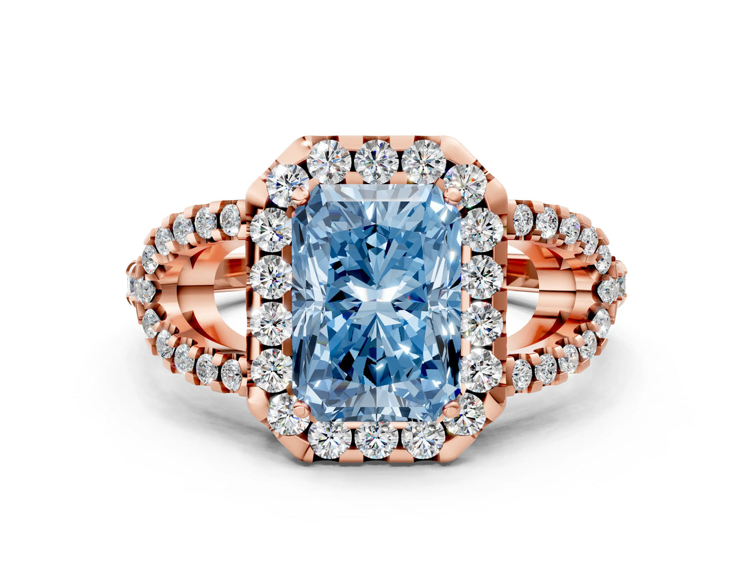 Rose gold Fancy Blue Radiant Cut Cut Diamond Halo Engagement Ring with Open Split Pavé Band