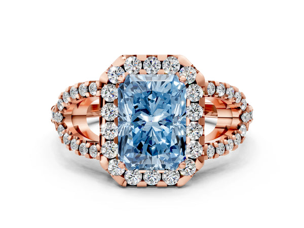 Rose Gold Radiant Cut Split Shank Pave Halo Engagement Ring Setting for Fancy Blue Center