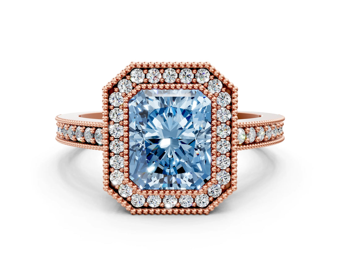 Rose gold Fancy Blue Radiant Cut-Cut Diamond Halo Engagement Ring with Pave Band and Prong Setting