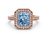 Rose gold Fancy Blue Radiant Cut-Cut Diamond Halo Engagement Ring with Pave Band and Prong Setting