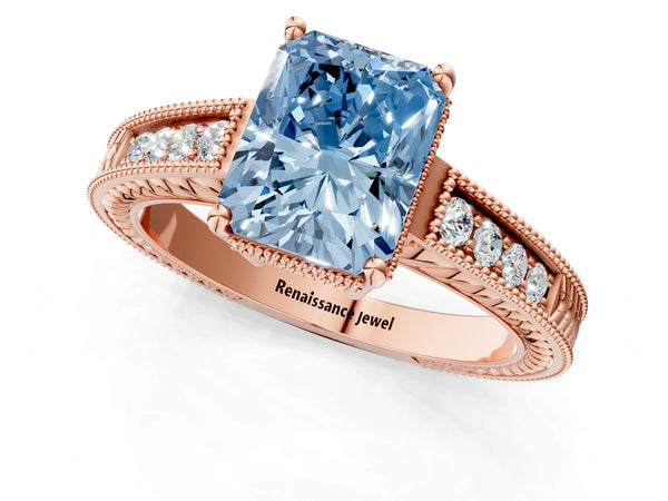 Rose gold Fancy Blue Radiant Cut Cut Diamond Milgrain Pave Band Four-Prong Setting Ring