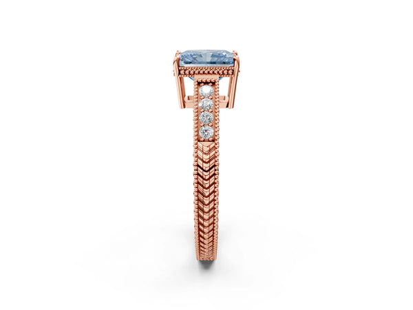 Rose gold Fancy Blue Radiant Cut Cut Diamond Milgrain Pave Band Four-Prong Setting Ring