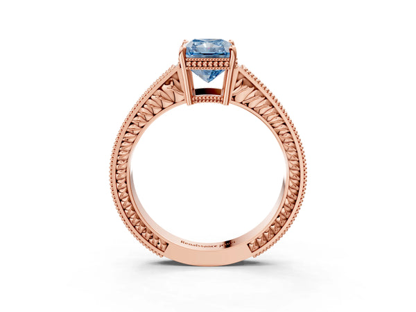 Rose gold Fancy Blue Radiant Cut Cut Diamond Milgrain Pave Band Four-Prong Setting Ring