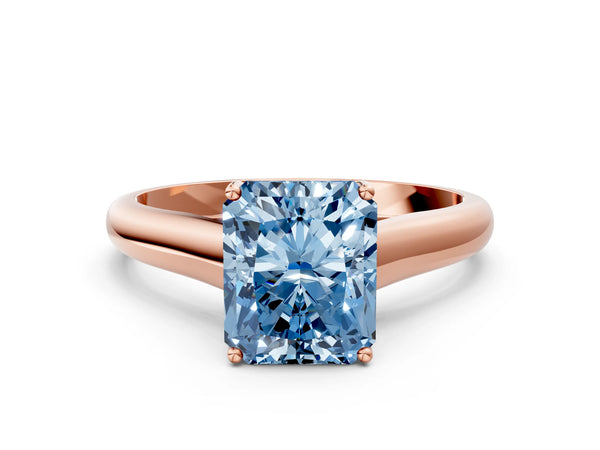 Rose gold Fancy Blue Radiant Cut Cut Diamond Solitaire Engagement Ring with Tapered Plain Band and Four-Prong Setting
