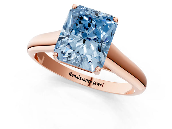 Rose gold Fancy Blue Radiant Cut Cut Diamond Solitaire Engagement Ring with Tapered Plain Band and Four-Prong Setting