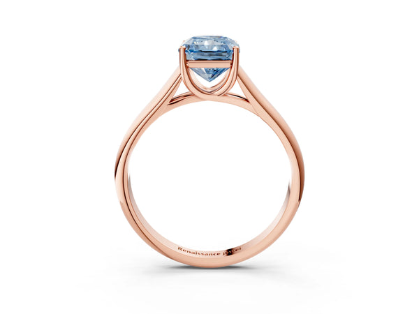 Rose gold Fancy Blue Radiant Cut Cut Diamond Solitaire Engagement Ring with Tapered Plain Band and Four-Prong Setting