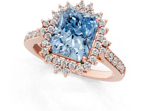 Rose gold Fancy Blue Radiant Cut Cut Diamond Sunburst Halo Engagement Ring with Pavé Band_1