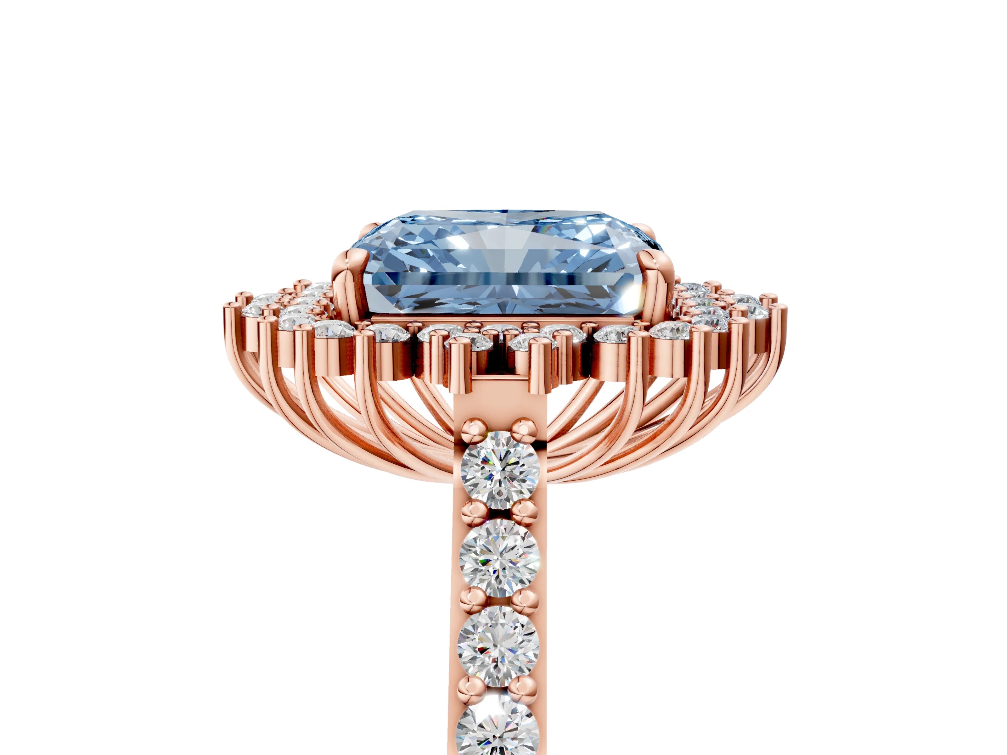 Rose gold Fancy Blue Radiant Cut Cut Diamond Sunburst Halo Engagement Ring with Pavé Band_5