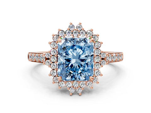 Rose gold Fancy Blue Radiant Cut Cut Diamond Sunburst Halo Engagement Ring with Pavé Band