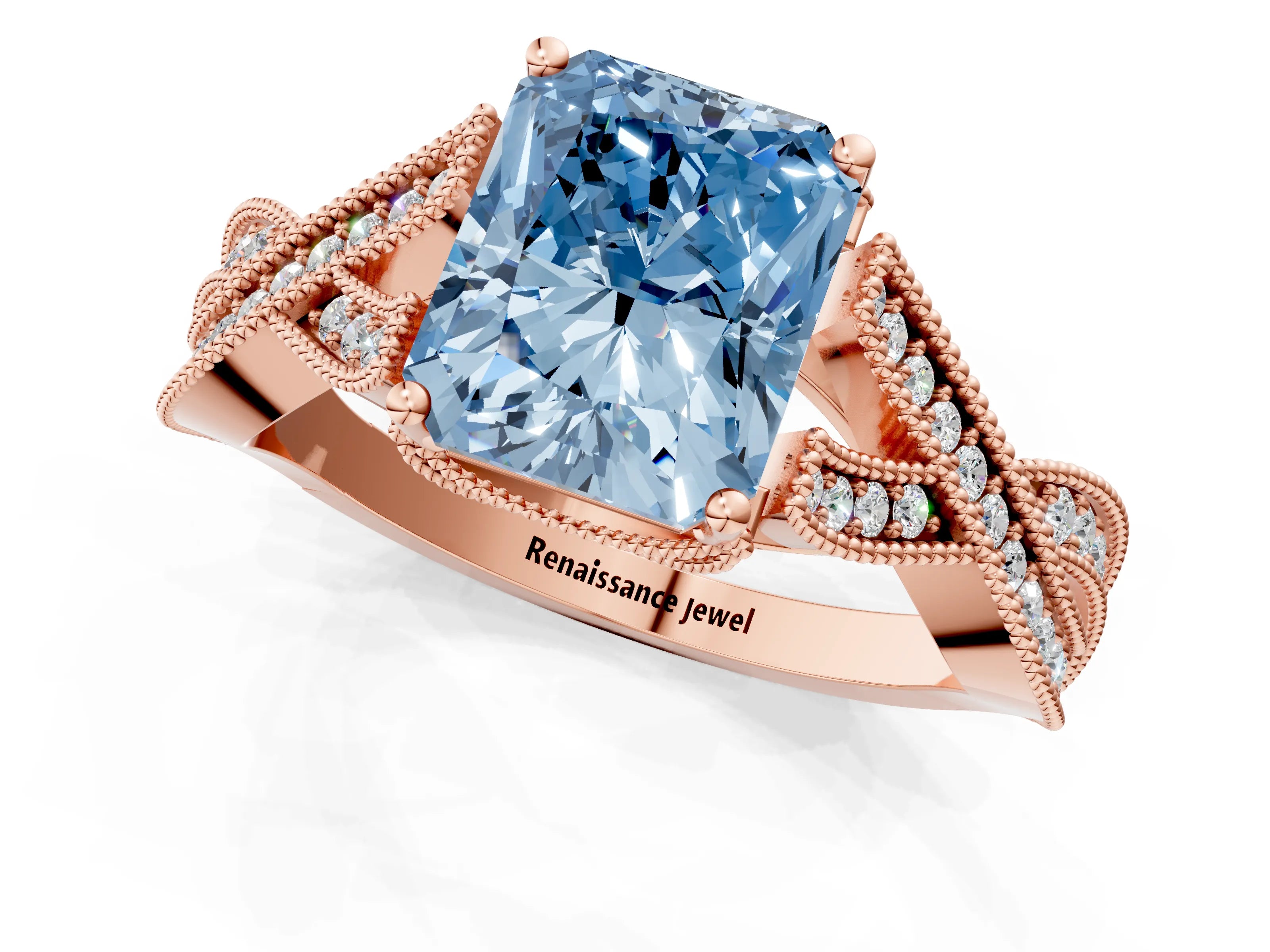 Rose gold Fancy Blue Radiant Cut Cut Diamond Twisted Band with Milgrain Pave Setting and Four-Prong Setting_10