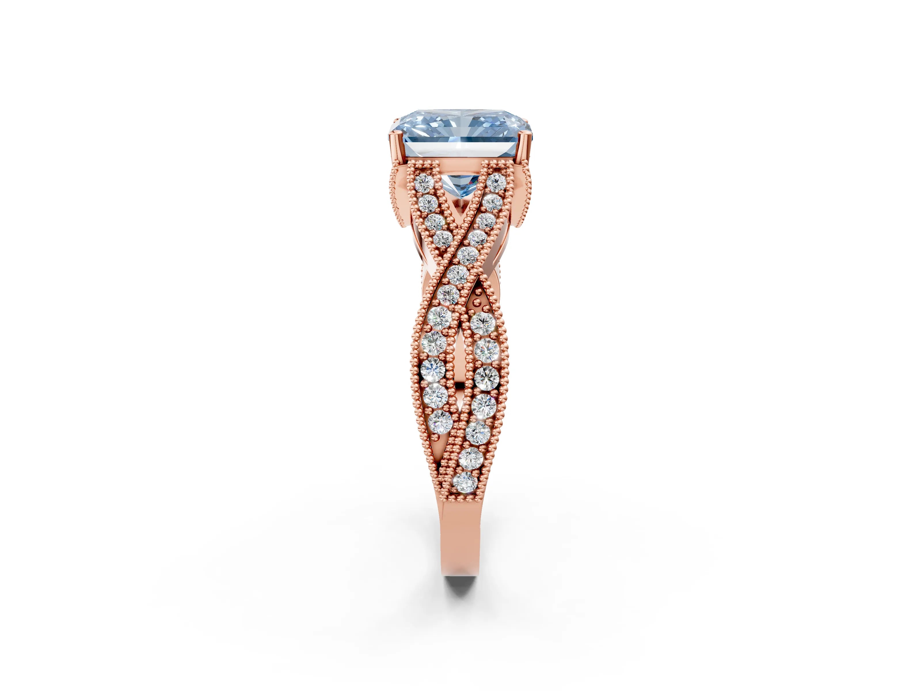 Rose gold Fancy Blue Radiant Cut Cut Diamond Twisted Band with Milgrain Pave Setting and Four-Prong Setting_11