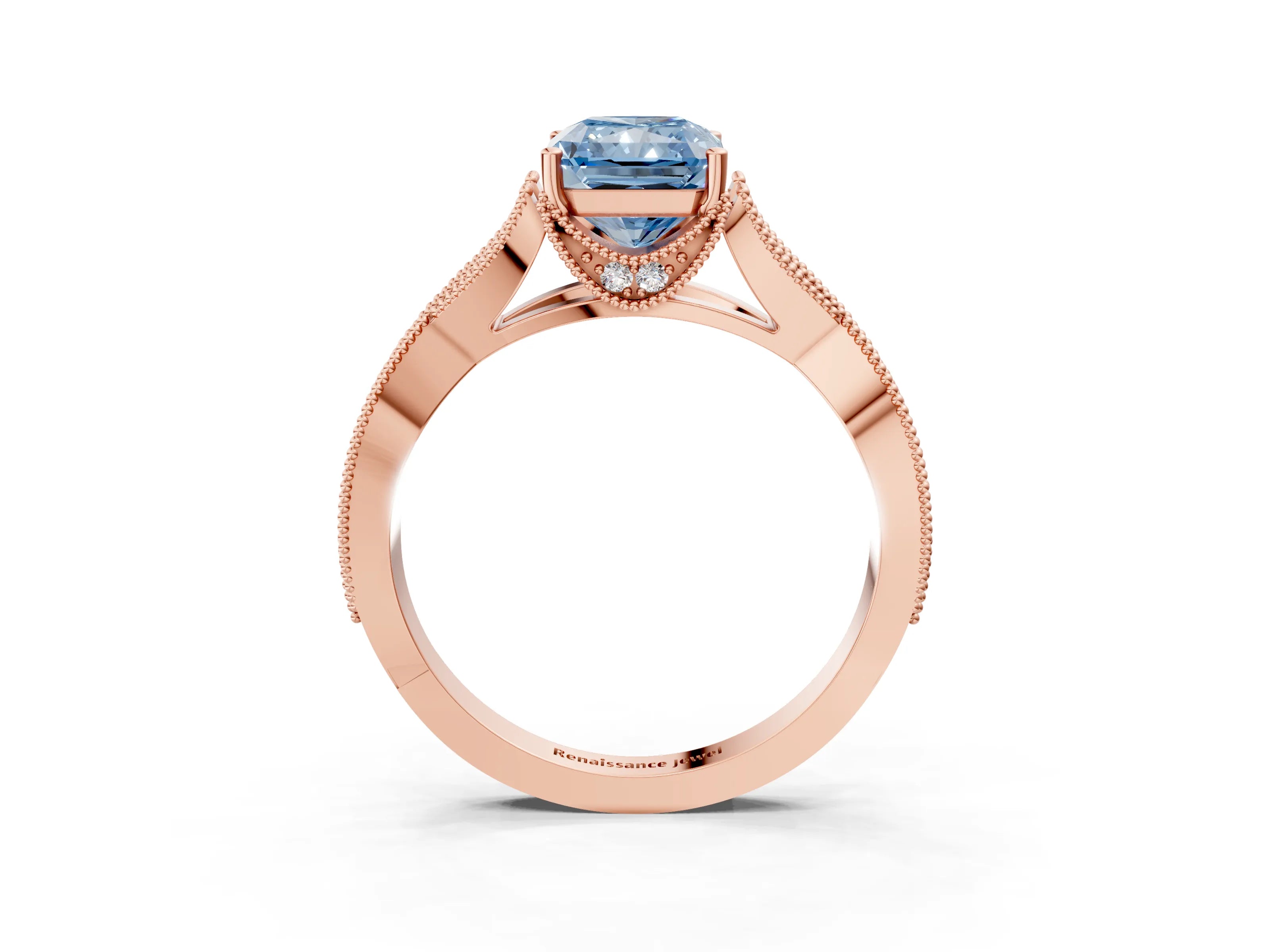Rose gold Fancy Blue Radiant Cut Cut Diamond Twisted Band with Milgrain Pave Setting and Four-Prong Setting_12