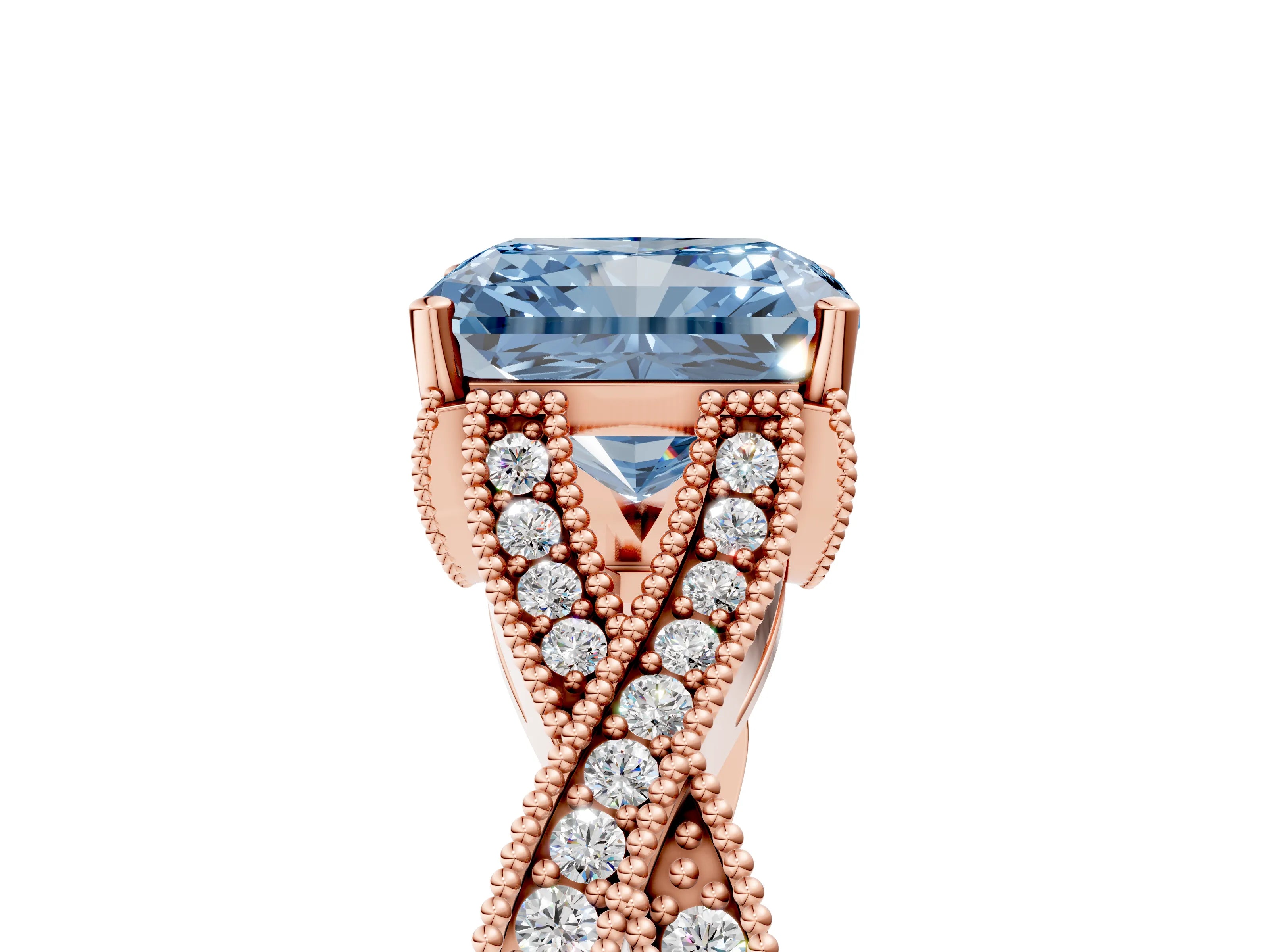 Rose gold Fancy Blue Radiant Cut Cut Diamond Twisted Band with Milgrain Pave Setting and Four-Prong Setting_14