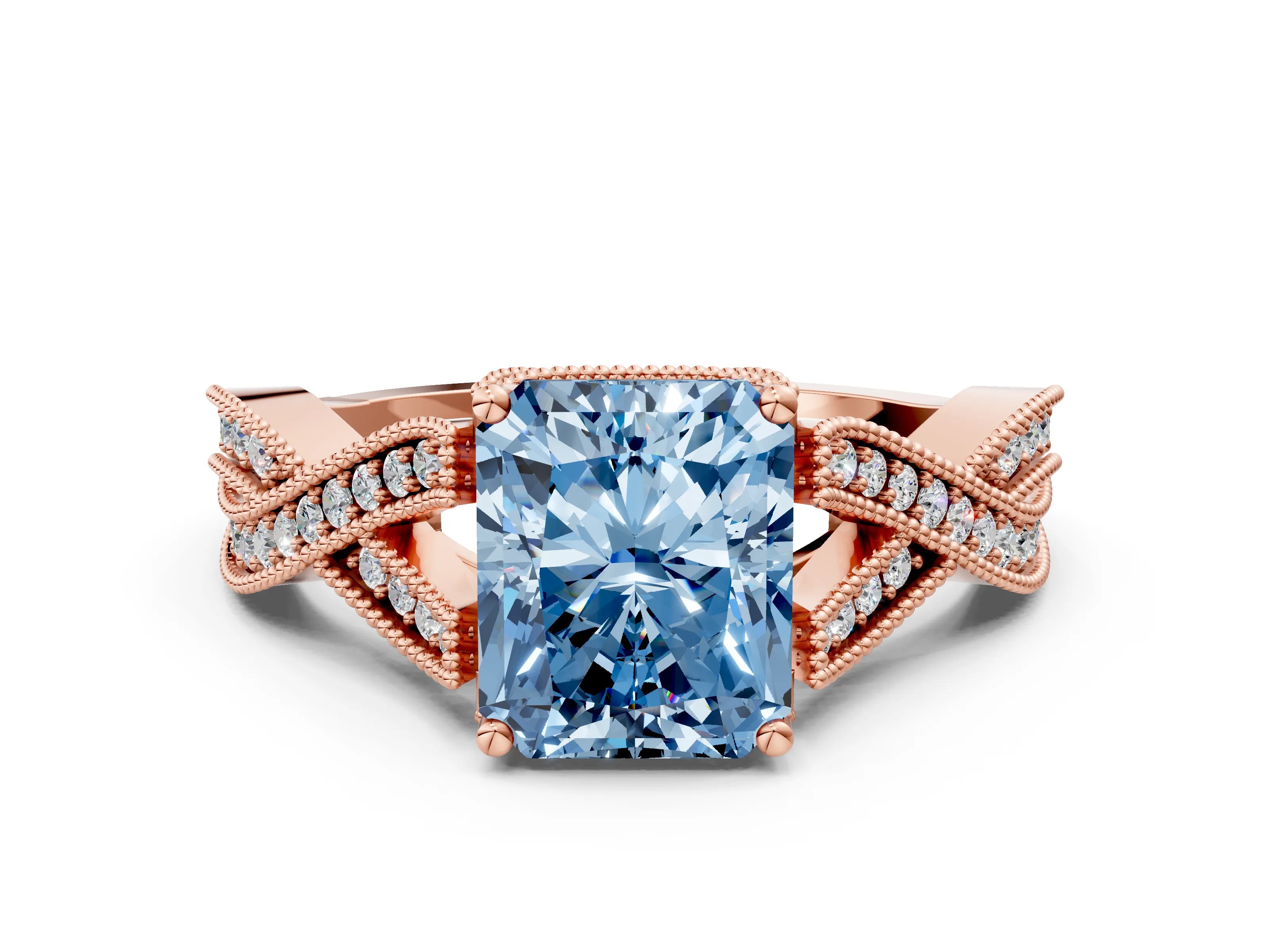 Rose gold Fancy Blue Radiant Cut Cut Diamond Twisted Band with Milgrain Pave Setting and Four-Prong Setting_24