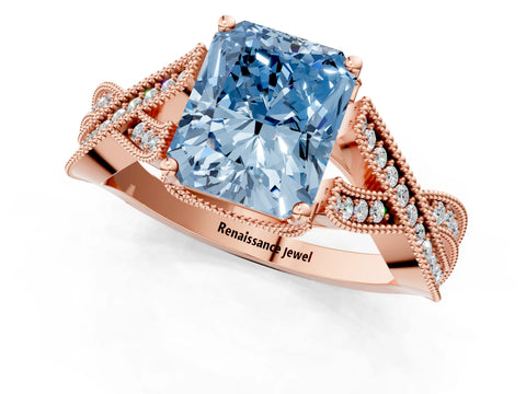 Rose gold Fancy Blue Radiant Cut Cut Diamond Twisted Band with Milgrain Pave Setting and Four-Prong Setting_25