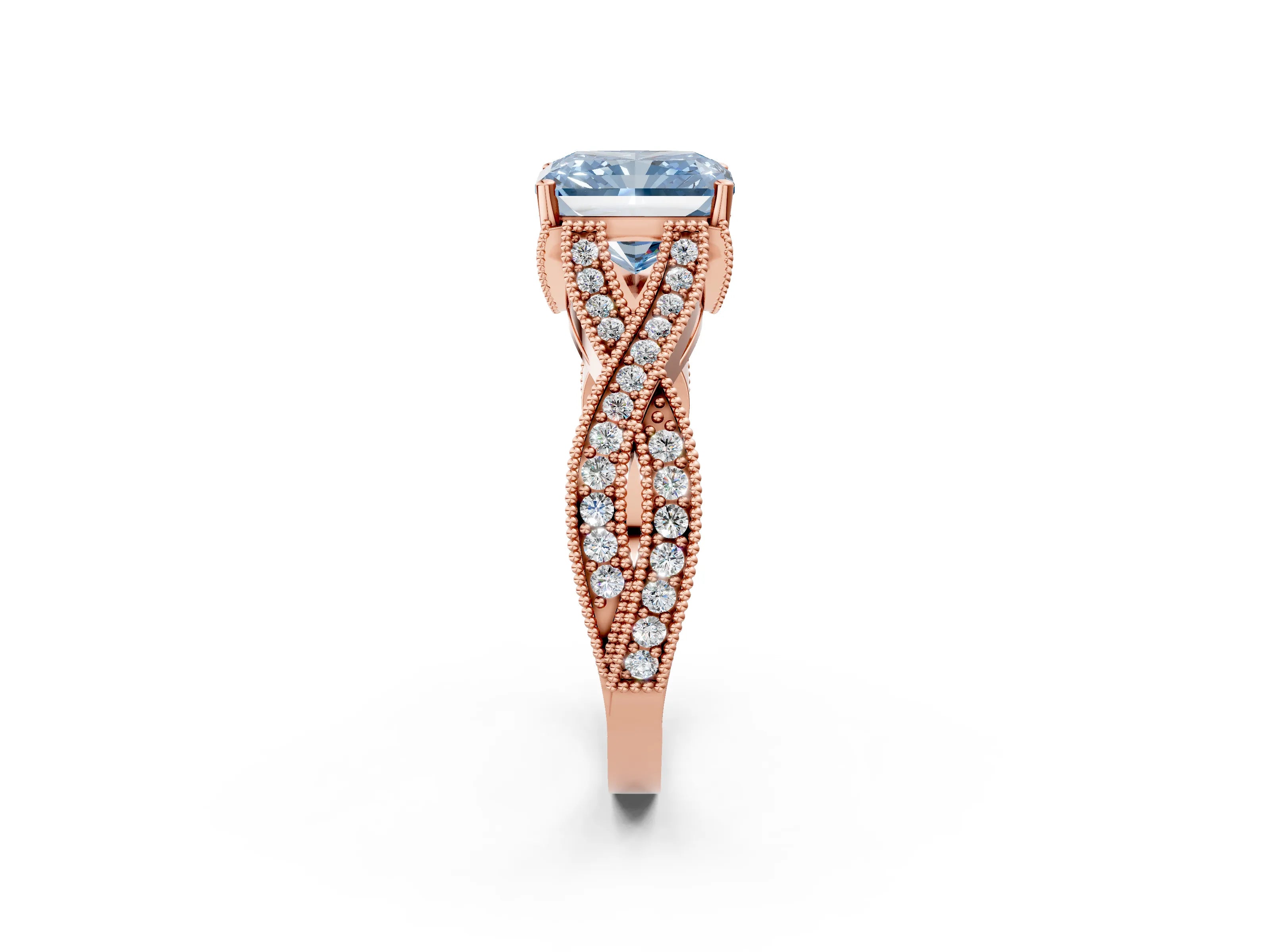 Rose gold Fancy Blue Radiant Cut Cut Diamond Twisted Band with Milgrain Pave Setting and Four-Prong Setting_26