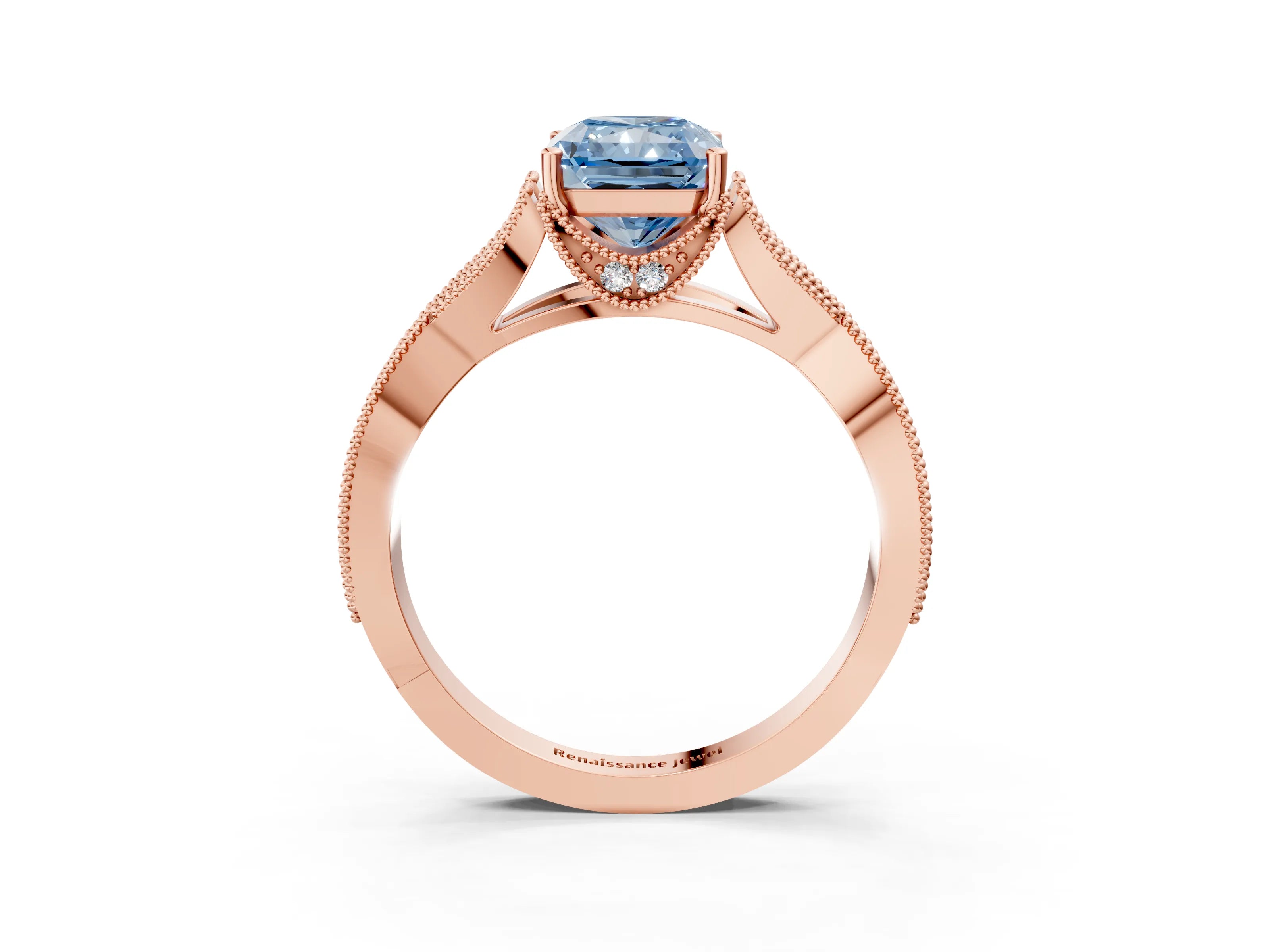 Rose gold Fancy Blue Radiant Cut Cut Diamond Twisted Band with Milgrain Pave Setting and Four-Prong Setting_3