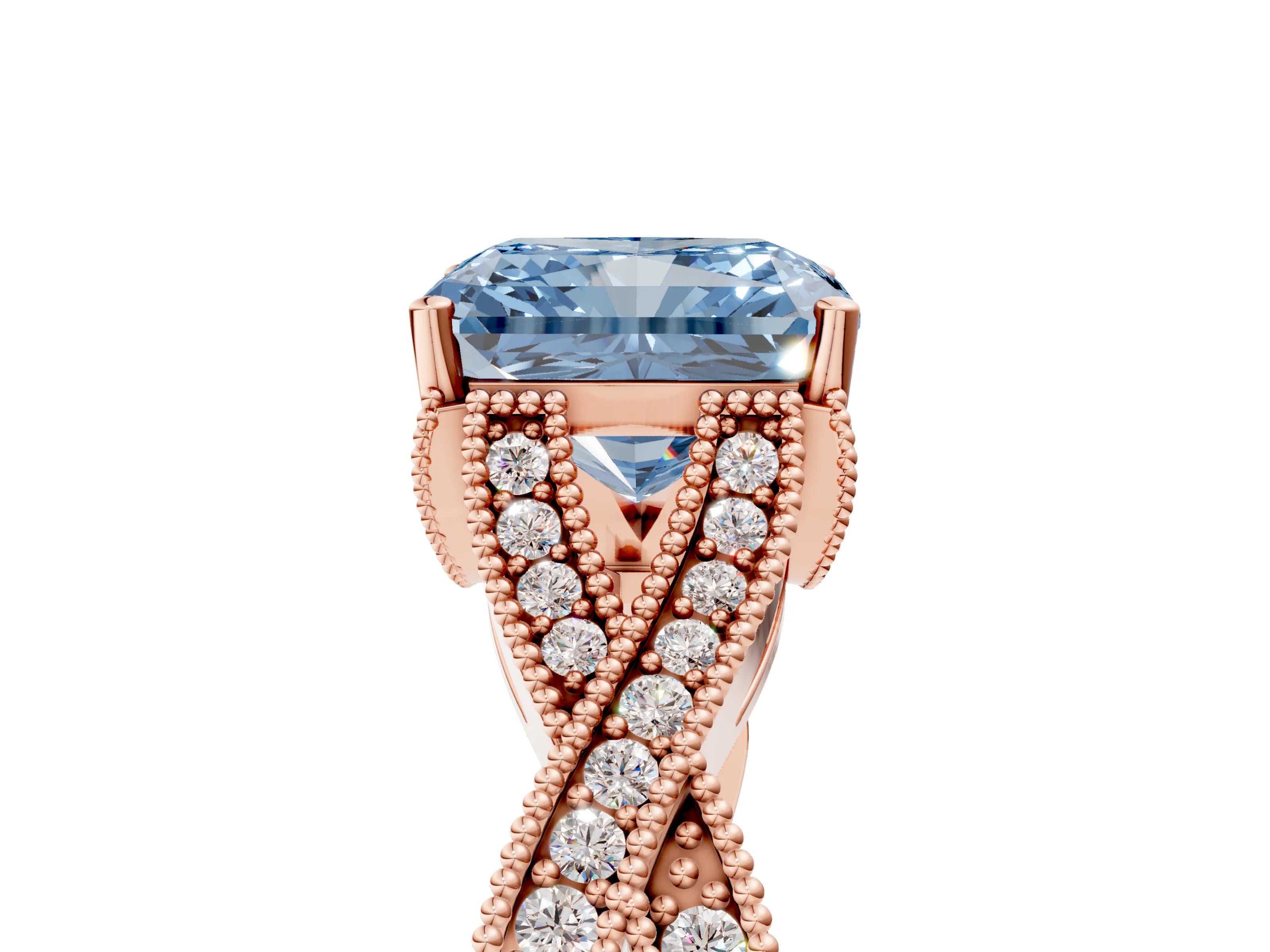 Rose gold Fancy Blue Radiant Cut Cut Diamond Twisted Band with Milgrain Pave Setting and Four-Prong Setting_5