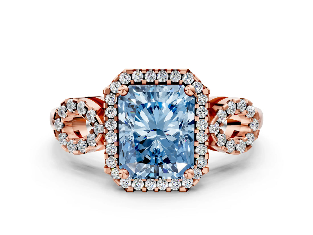 Rose gold Fancy Blue Radiant Cut Cut Halo Diamond Infinity Band with Four-Prong Setting